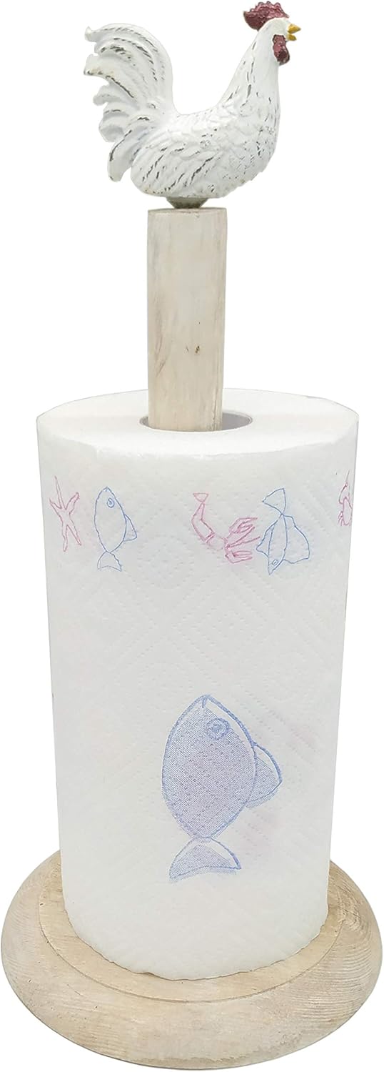 Rooster Design Wood Shabby Whitewashed Paper Towel Holder Stand Up Paper Towel Holder, Easy One-Handed Tear Kitchen Paper Towel Dispenser with Weighted Base for Standard Paper Towel Rolls