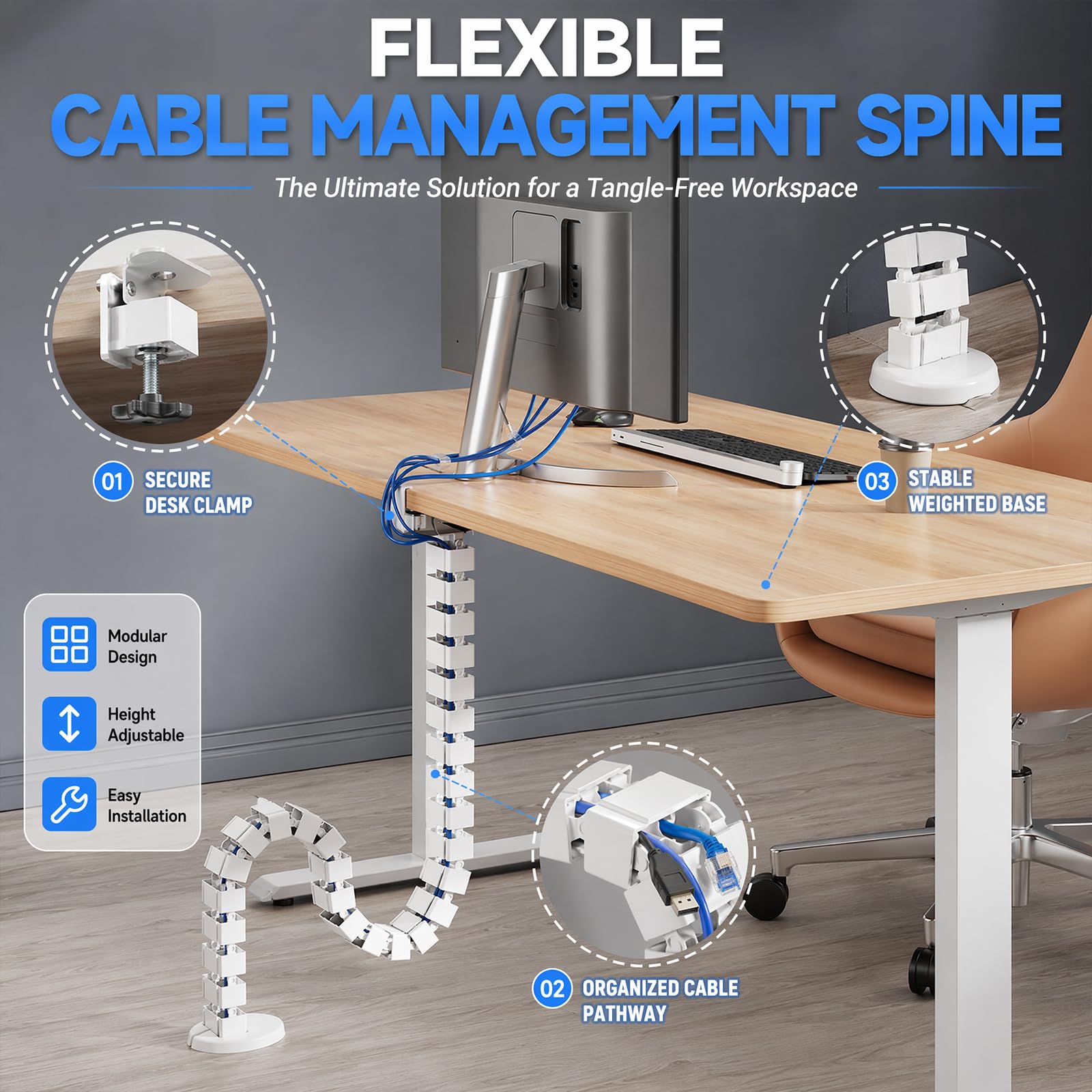 Guide-câble carré Flexible 130cm, Organisateur Rangement Fils chaîne Serpent, Accessoire Gestion câbles Bureau Hauteur Ajustable Couleur Blanc