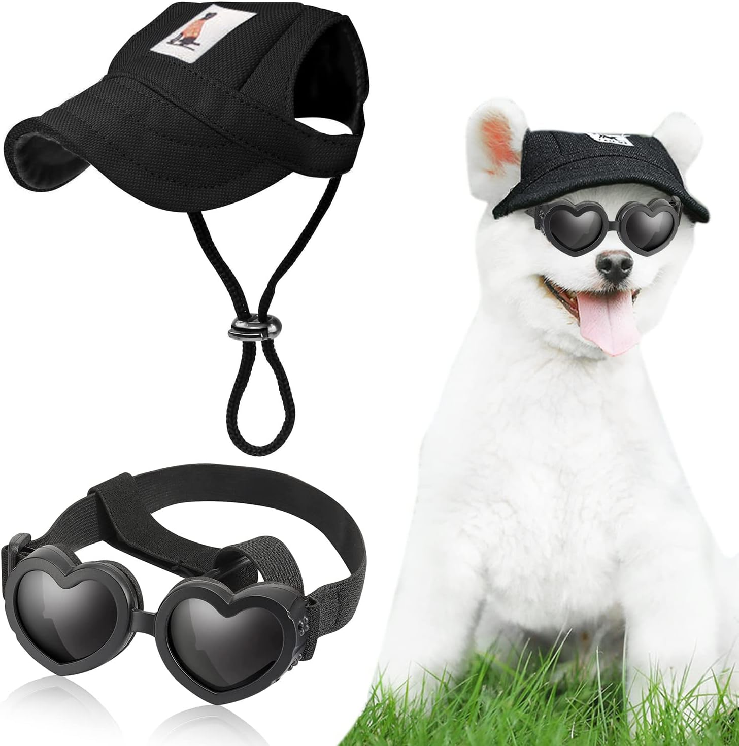 Small Dog Hat Baseball Cap Sun Hat with Ear Holes + Pet Dog Sunglasses Goggles Heart Shape Eye Wear,Sun/UV Protection Adjustable Strap Waterproof Outdoor Party Birthday for Small Dog (Medium, Black)