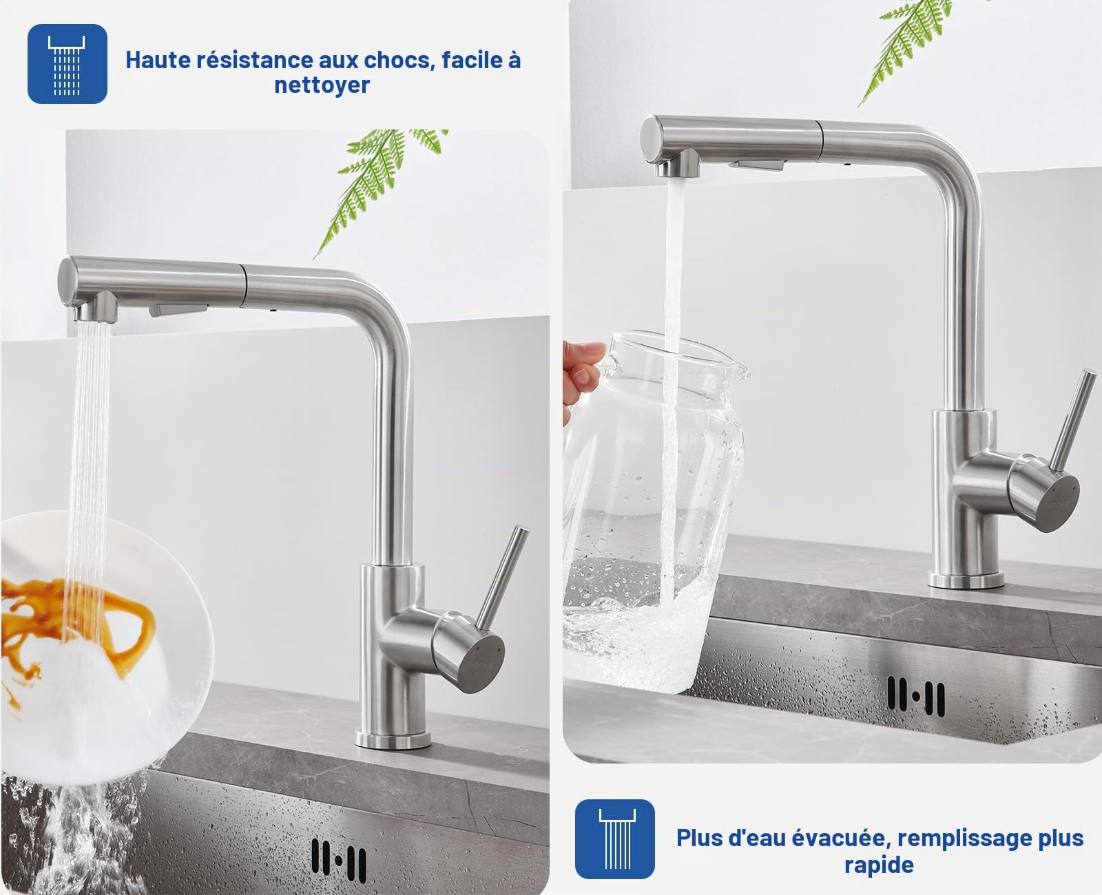 Robinet Cuisine Douchette, Mitigeur Cuisine avec Douchette rotatif à 360 °, Robinetterie de Cuisine avec 2 types de jet, robinet en acier inoxydable brossé, mitigeur de cuisine