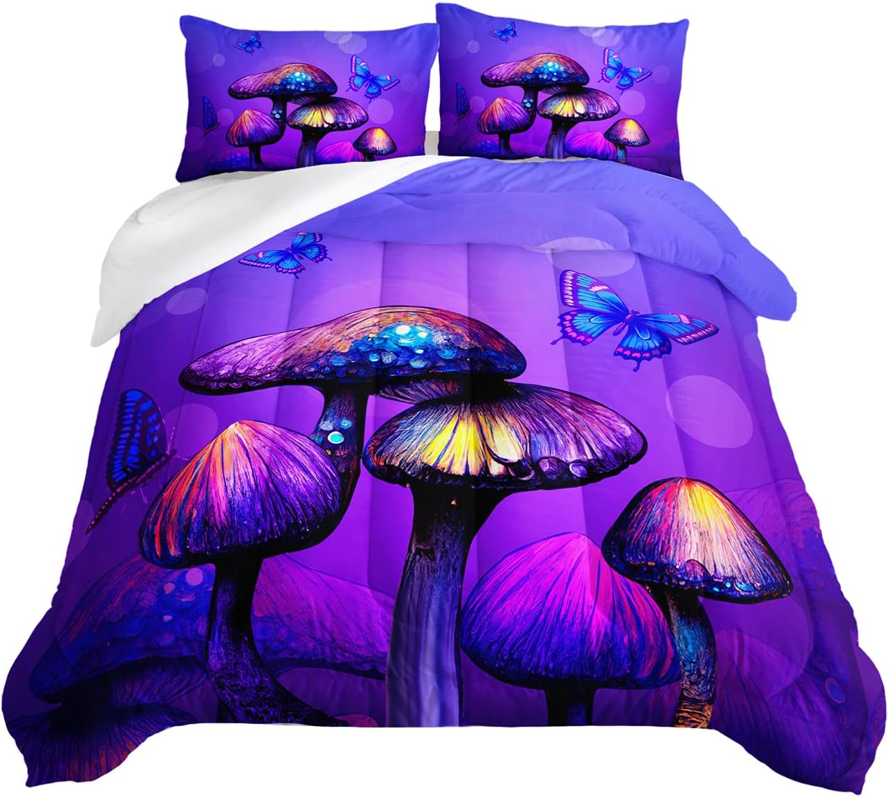 HOSIMA Mushroom Bedding Comforter Sets,Forest Fungi Plant Mushroom Decor Bedding Sets Queen Size.Butterfly and Mushroom Purple Comforter Set Queen with 2 Pillowcases.