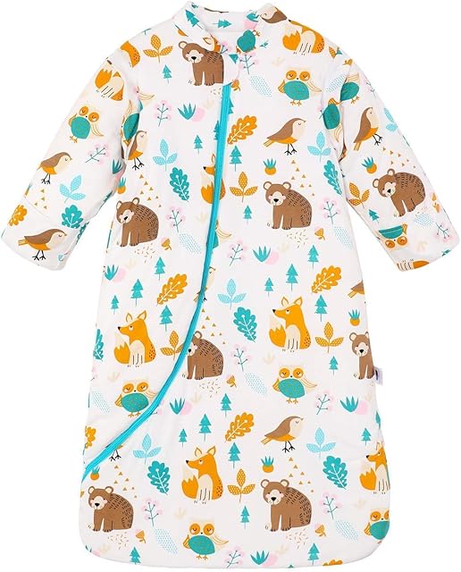 Chilsuessy Baby Winter Sleeping Bag with Detachable Long Sleeves 3.5 Tog Organic Cotton Sleeping Bag for Kids Sleeping Sack for Infant Toddler, Happy Forest, 6-18 Months