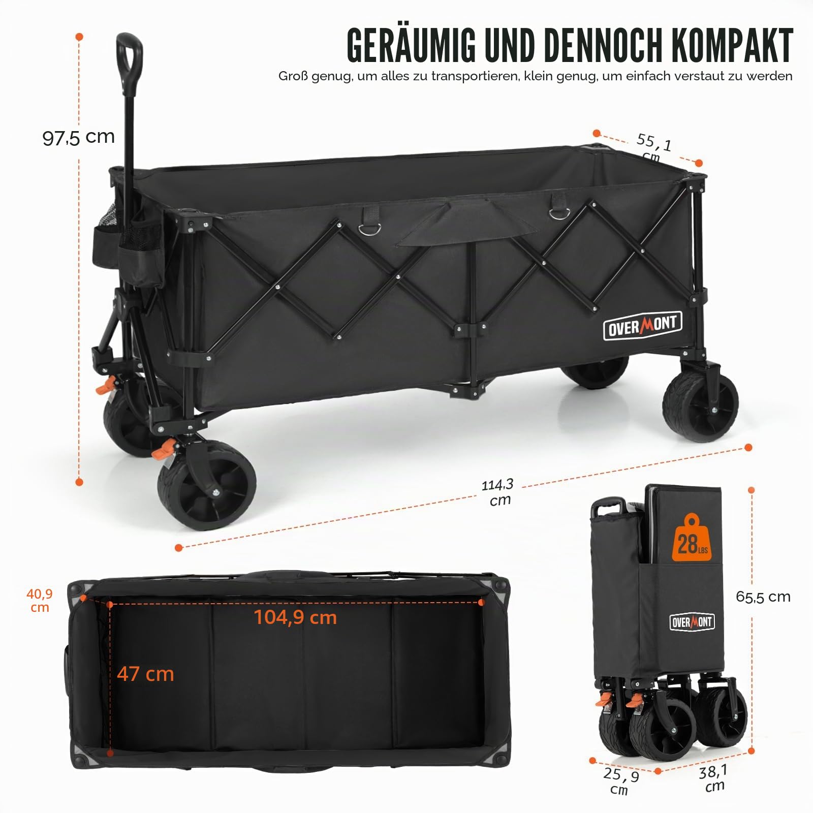 Overmont Faltbar Klappbar Bollerwagen mit Bremsen - Alle Gelände Räder - 300I großes Fassungsvermögen mit Seitentaschen Getränkehalter Verstellbarem Griff - bis 200 kg Tragkraft Schwarz