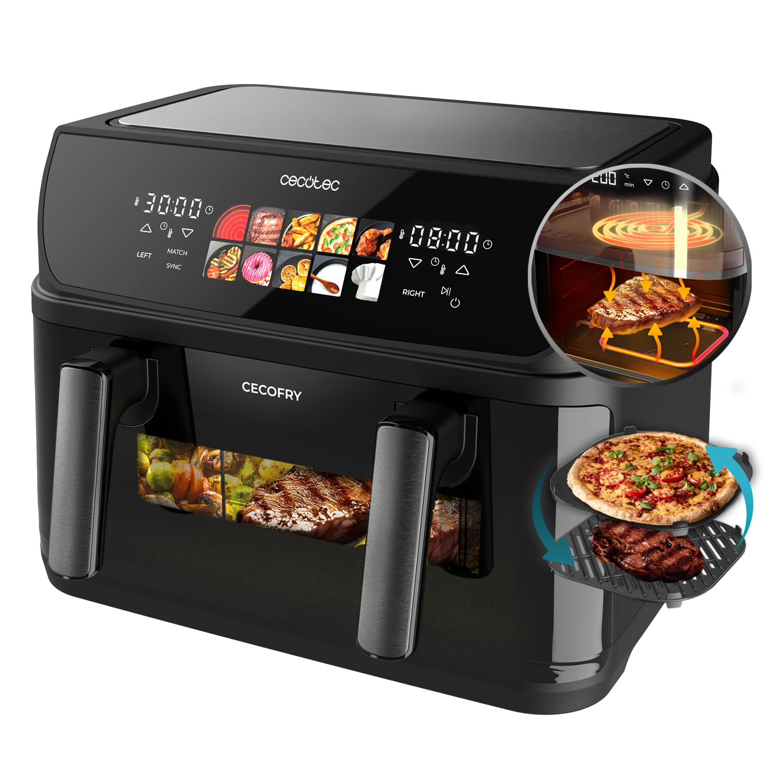 Cecotec Friggitrice ad Aria 10L - Air Fryer Cecofry&Grill Duoheat 10000. 2800W, 3in1: Friggitrice, Grill, Piastra. Parete divisoria mobile, Doppia Temp 40-200°C, Cottura uniforme e veloce