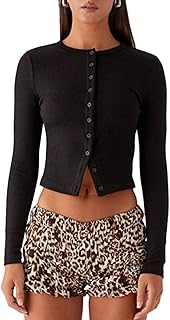 YILEEGOO Women\'s Ribbed Front Button Long Sleeve Tops Slim Fit Going Out Short Tops T-Shirt Club Tops Aesthetic Tops Shirt Streetwear