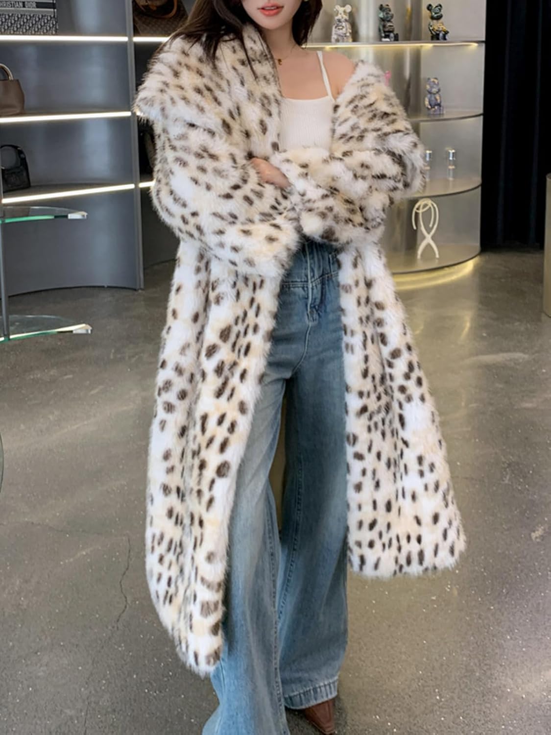 Womens Faux Fur Leopard Long Coat Lapel Cardigan Fur Jacket Winter Thermal Outerwear