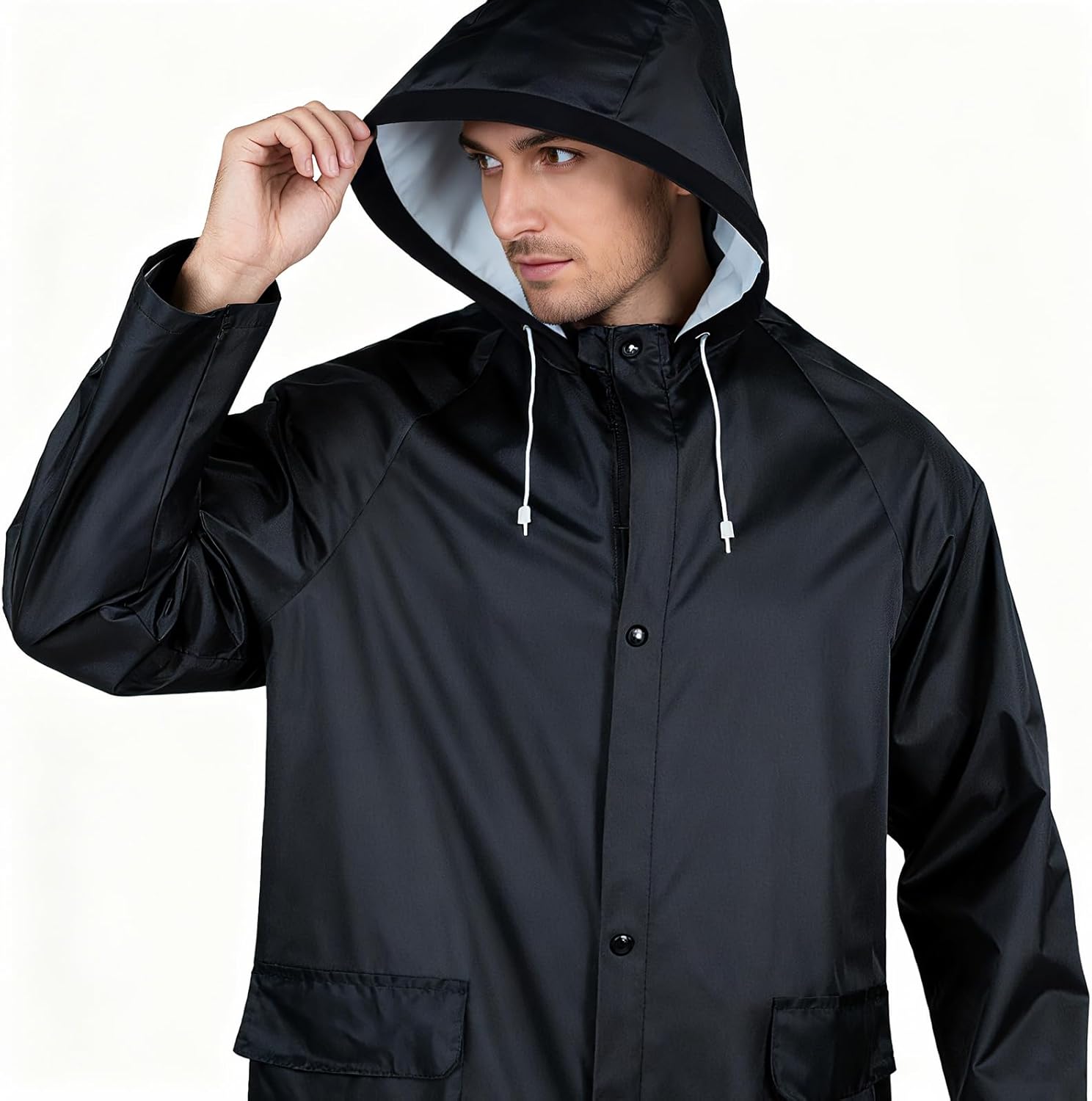 Men's Long Rain Jacket Windbreaker Waterproof Lightweight Active Fishing Rain Coat with Hood - Image 4