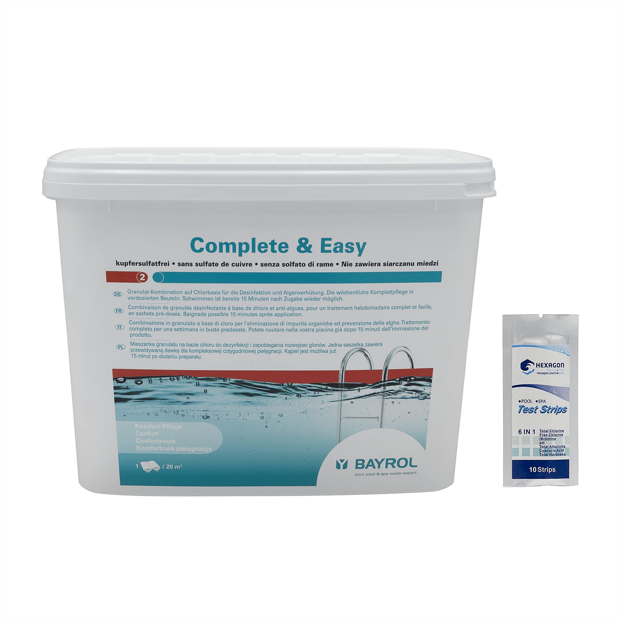 BAYROL Complete & Easy (16 sachets) - 4,48kg | Combiné Chlore/Oxygène Actif avec Effet Anti-Algues - Désinfection Régulière - Sachets pré-dosés - sans sulfate de cuivre + 10 Tests HPS OFFERTS 6 en 1