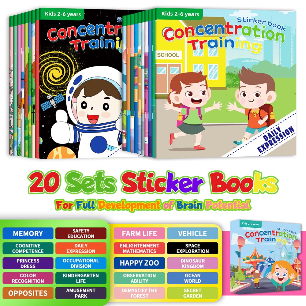 Felly Lot de 20 Livres D'autocollants Réutilisables pour Enfant, Montessori 2-6 Ans Jouet, Quiet Book, Jeux Educatif Enfant 2 3 4 5 6 Ans, Busy Book Livre Bebe