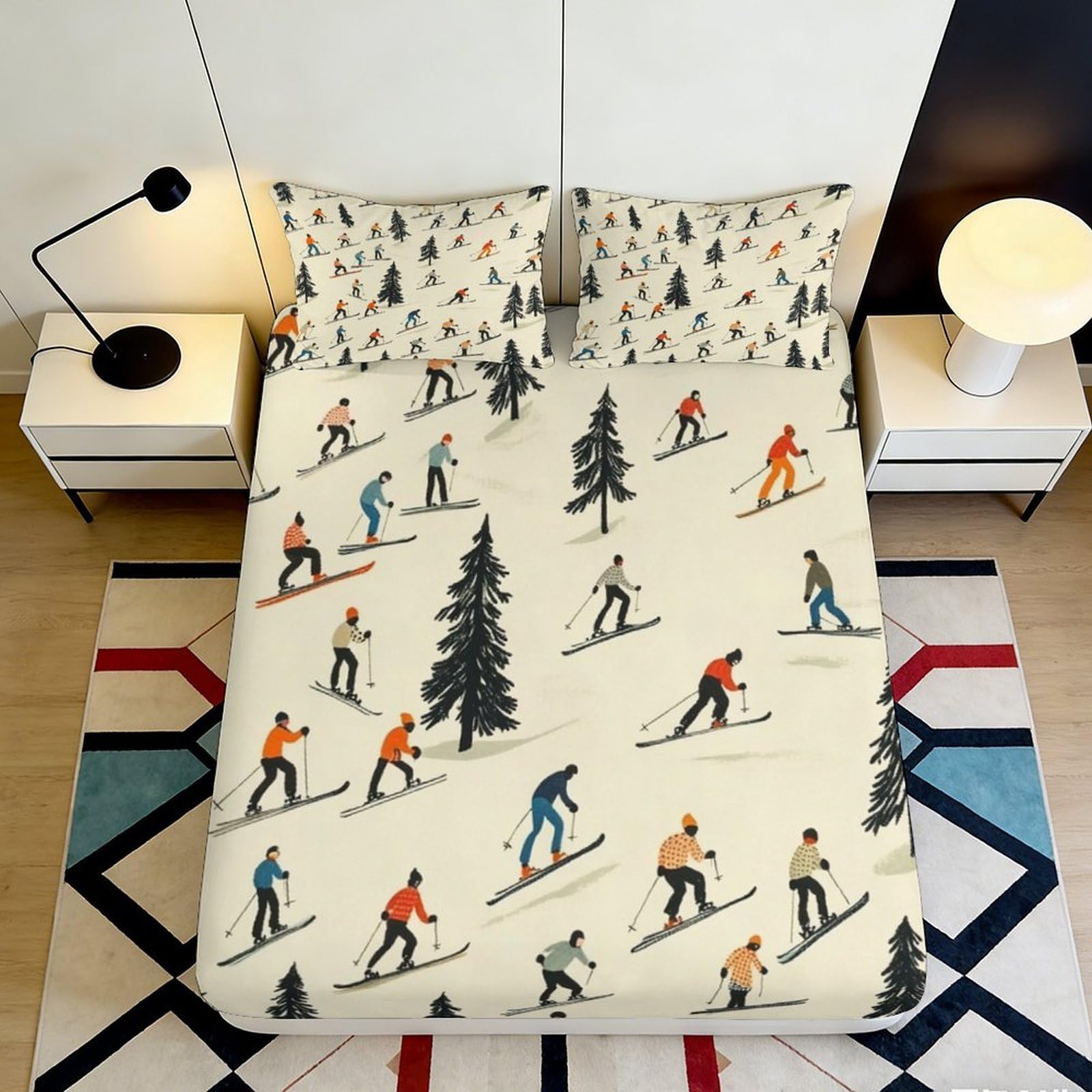 3D Printed Skiing Forest Fitted Sheet Microfiber Soft Breathable Winter Sports Bed Cover for Bedroom Dorm Decor 200x200x25cm