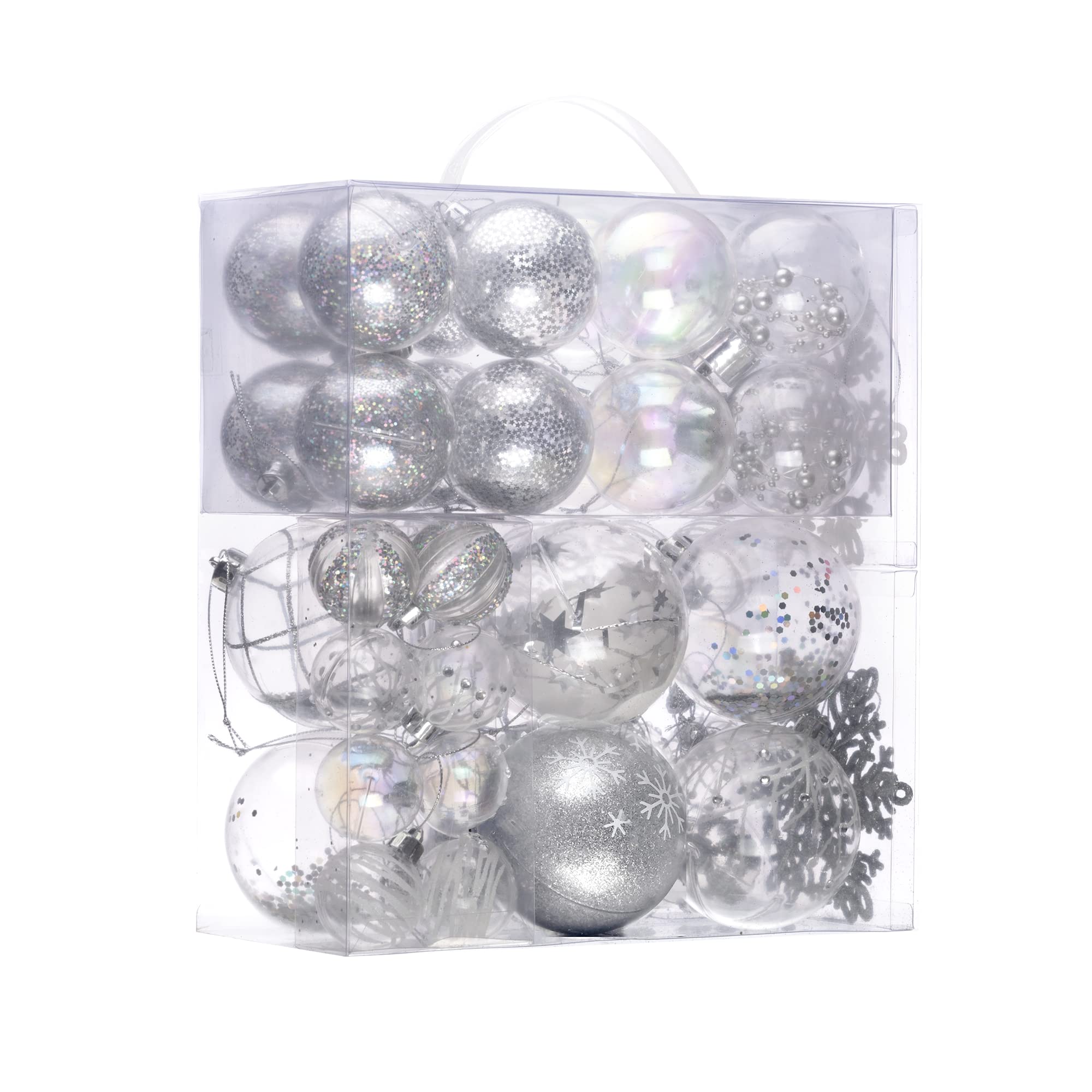Valery MadelynChristmas Ball Ornaments for Valentines Day, 50ct White and Silver Shatterproof Christmas Tree Decorations Set, Transparent Clear Hanging Ornaments for Xmas Bulk Holiday Decor
