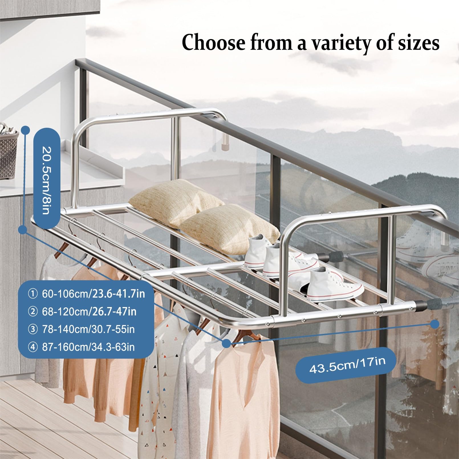 Klappbar Heizkörpertrockner, Heizkörpertrockner Wäscheständer Balkon, Edelstahl, für Drinnen & Draußen, für Kleindung, Socken, Schuhe, Platzsparend, Zum Aufhängen, Ausziehbar Wäschetrockner(60-106cm)