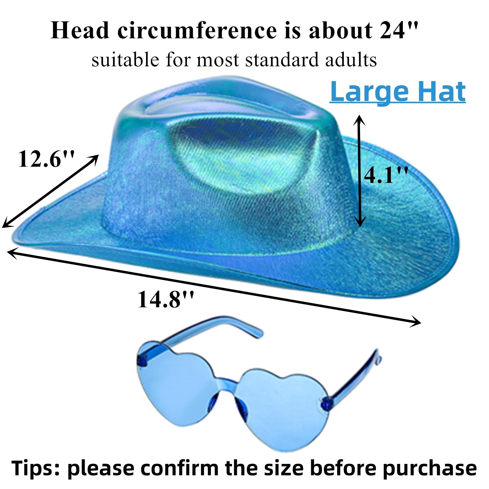 Cididu Set of 4 Holographic Space Cowgirl Hat, Metallic Space Cowboy Party Hat with Heart Glasses for Women, Neon Sparkly Glitter Disco Cowgirl Rave Hat for Costume Dress Up Party Accessories