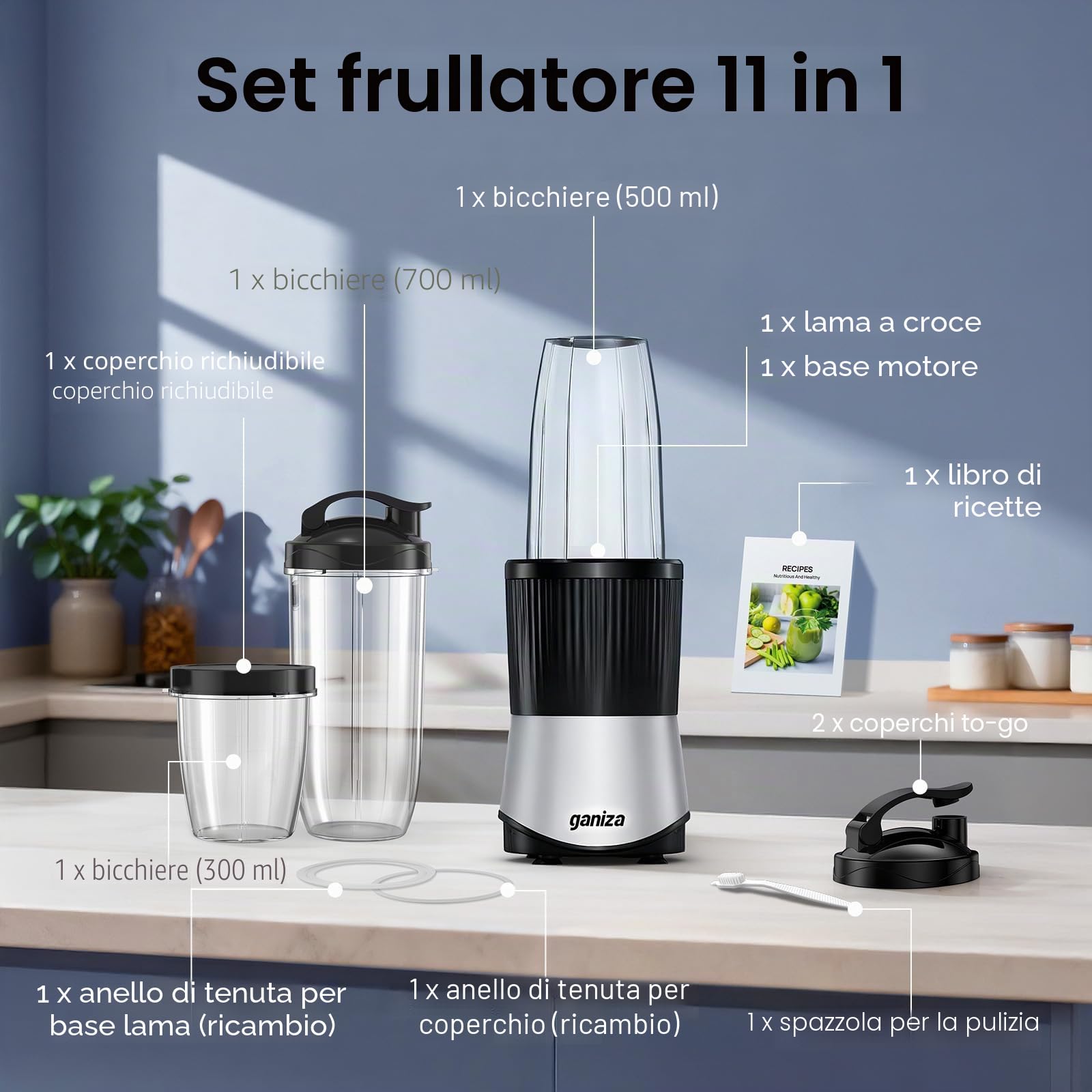 Ganiza Smoothie Maker, Mini Standmixer da 900W, Mixer con 25.000 giri/min, 3 Bicchieri Tritan da Asporto (300ml & 500ml & 700ml), 4 Lame Asimmetriche, per Ogni Tipo di Frullato e Smoothie, Argento