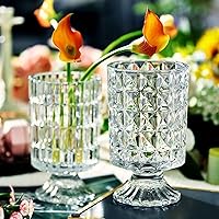 Vista 8 de BLOFLO - Jarrón de vidrio en relieve, jarrones de cristal de 7 pulgadas para flores, jarrón de ramo de cristal con base grande de pedestal, jarrón