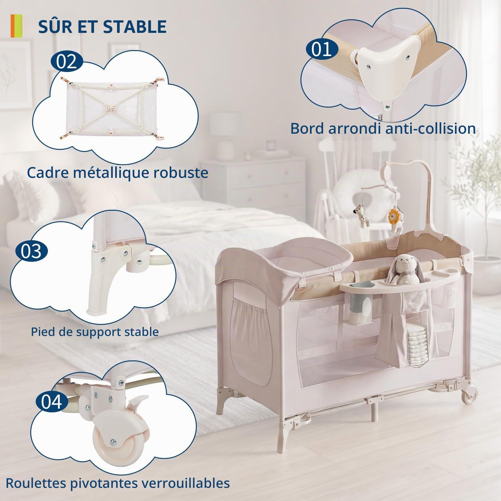 Garvee Lit Parapluie Bébé 5-en-1, Berceau Bébé, Lit de Voyage Pliable | sur Roulettes, avec Carrousel, Table à Langer et Parc de Jeu, Sac de Transport Inclus, pour Bébé Jusqu'à 15 kg, Kaki