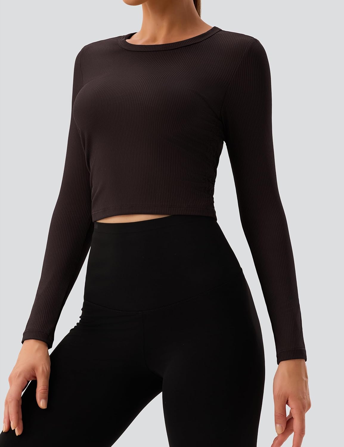 BMJL Women's Ribbed Long Sleeve Crop Tops Side Shirring Fitted Soft Stretchy Workout Shirt - Image 6