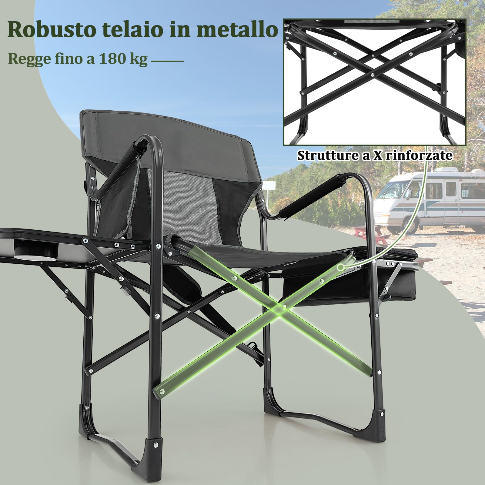 GYMAX Sedia da Campeggio Pieghevole, con Tavolino e Scomparto Laterale e Braccioli, Sedia da Esterno, Sedia da Regista con Borsa Frigo, Capacità di Carico 180 kg, 113 x 56 x 98 cm (NERO)