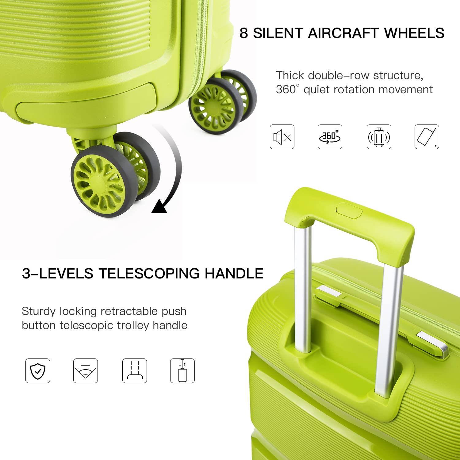 KONO Valigia Trolley Rigida Bagaglio a Mano 55cm Leggero in Polipropilene Valige con 4 Ruote e TSA Lucchetto, Verde