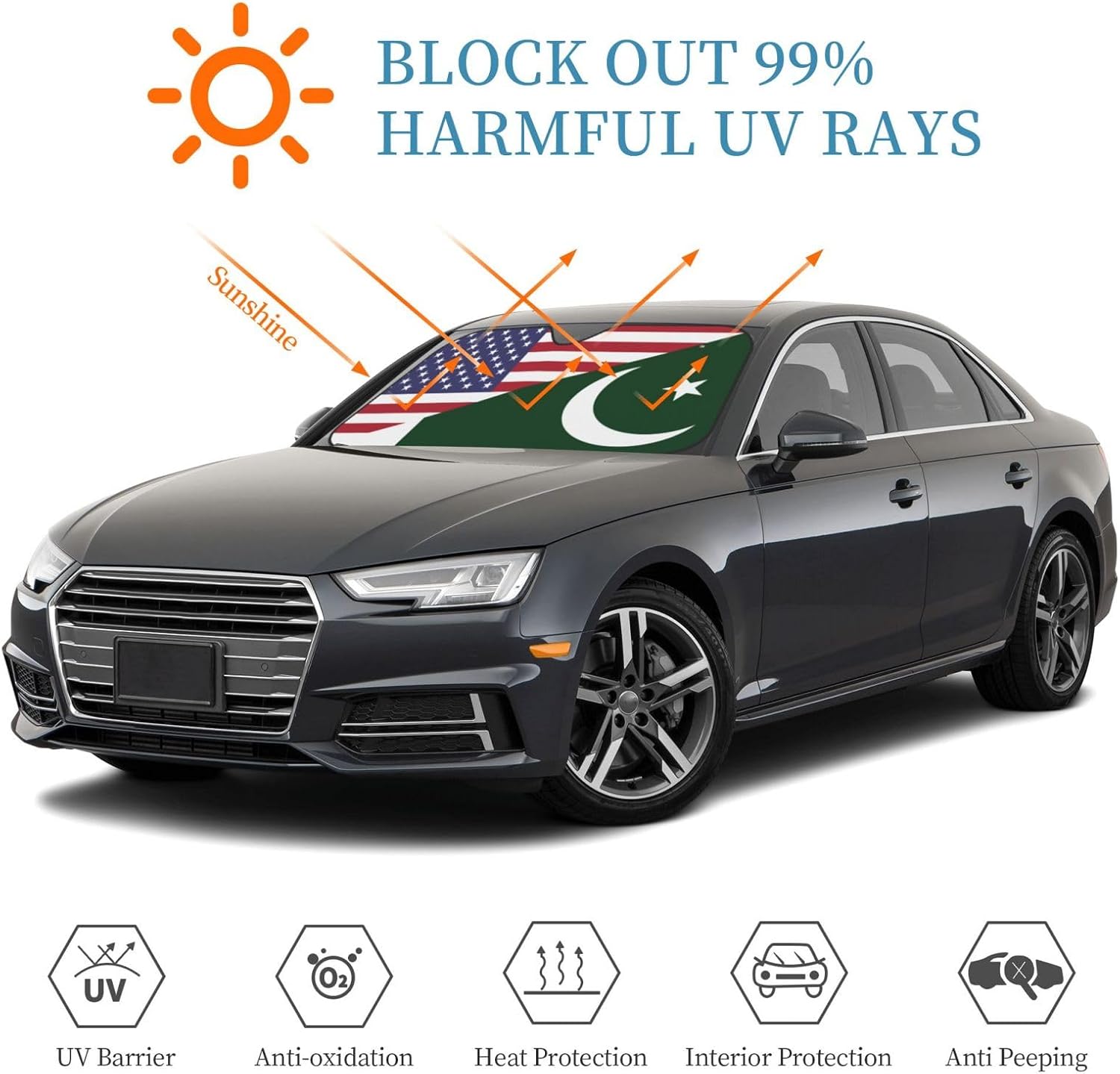 America Pakistan Friendship Flag Foldable Car Windshield Sunshade Blocks Heat and Sun Glare Uv Rays