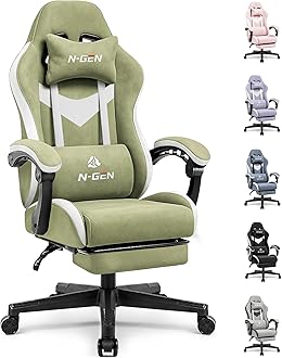 N-GEN GAMING Video Gaming Chair Office Computer Desk Use Ergonomic Reclining Backrest Adjustable Armrests Lumbar Support Footrest High Density Foam Breathable Fabric Heavy Duty Base (Green)
