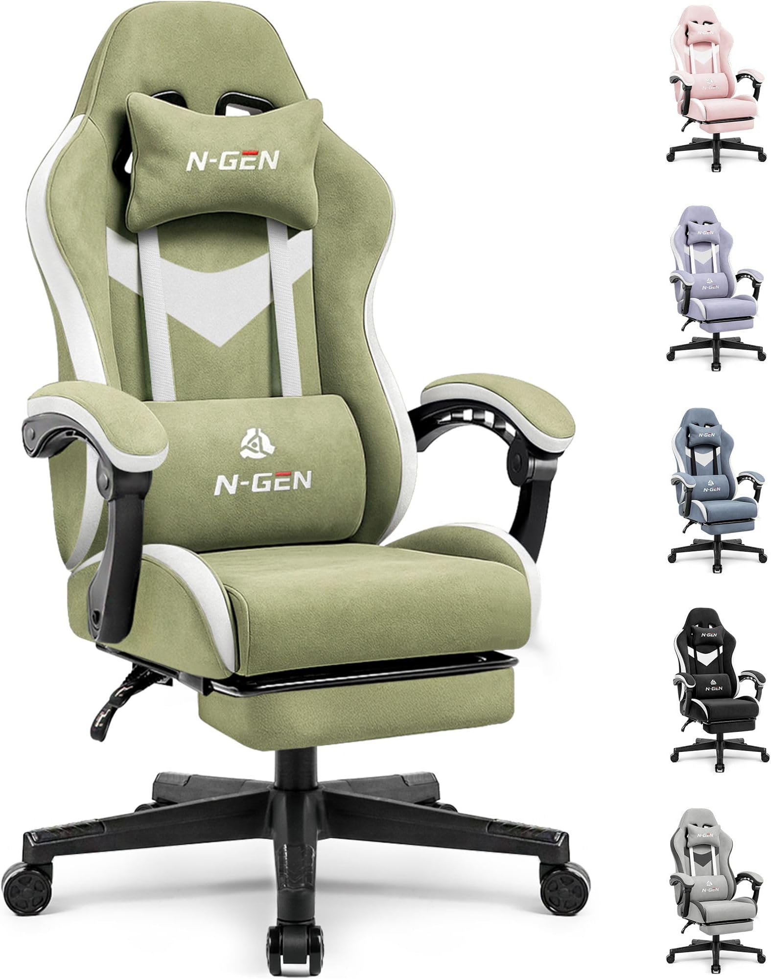 N-GEN GAMING Video Gaming Chair Office Computer Desk Use Ergonomic Reclining Backrest Adjustable Armrests Lumbar Support Footrest High Density Foam Breathable Fabric Heavy Duty Base (Green)