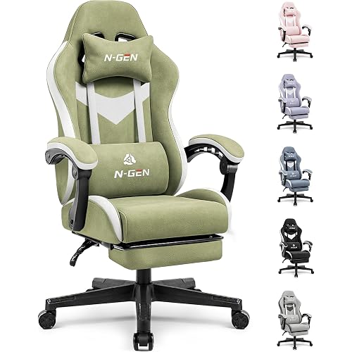 N-GEN GAMING Gaming Chair Video Game Computer Office Desk Use Ergonomic Reclining Backrest Adjustable Armrests Lumbar Support Footrest High Density Foam Breathable Fabric Heavy Duty Base (Green)