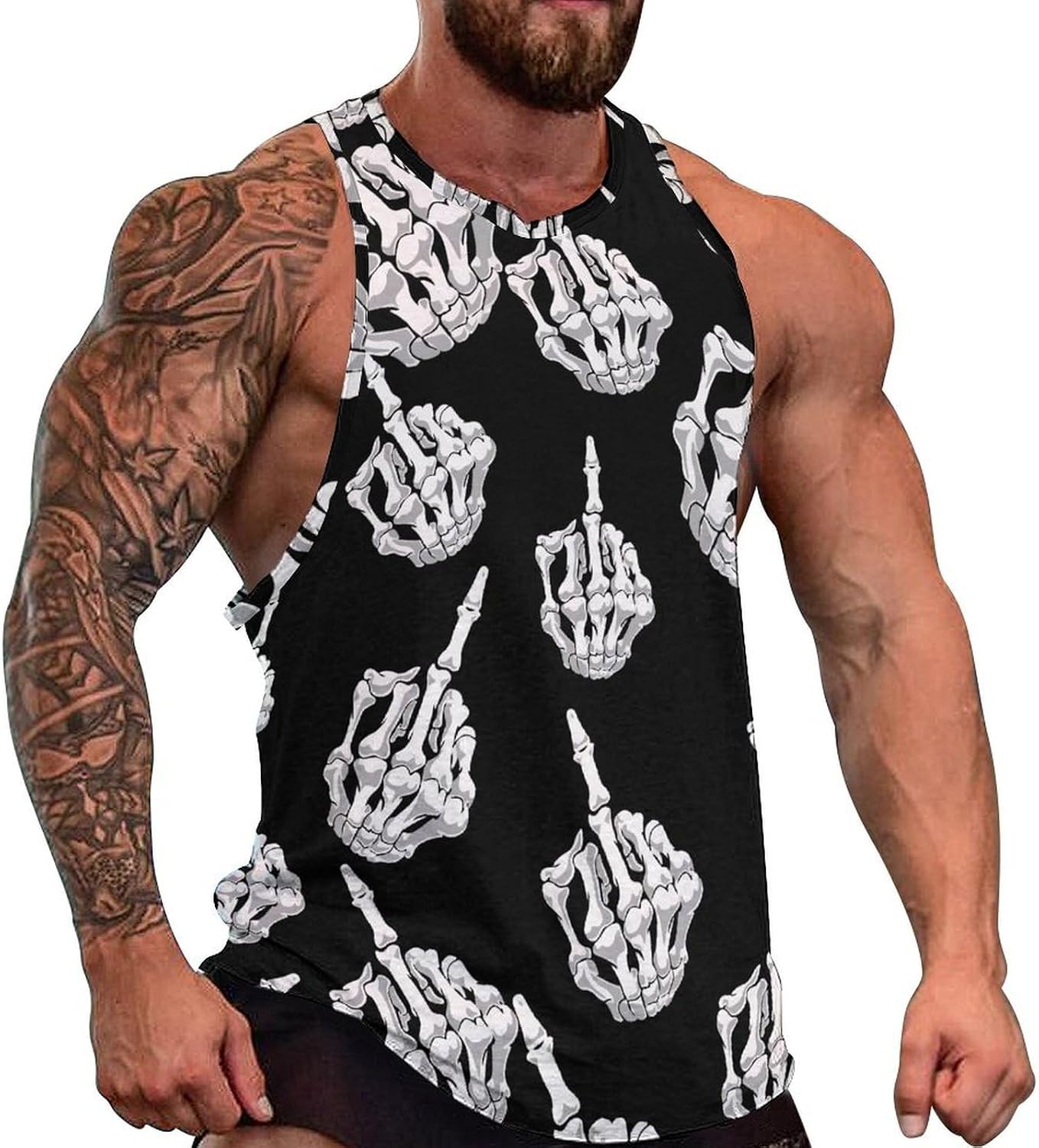 Skull Middle Finger Mens Tank Tops Sleeveless Muscle Shirts Beach Casual Gym Shirt Vest Tee Tops