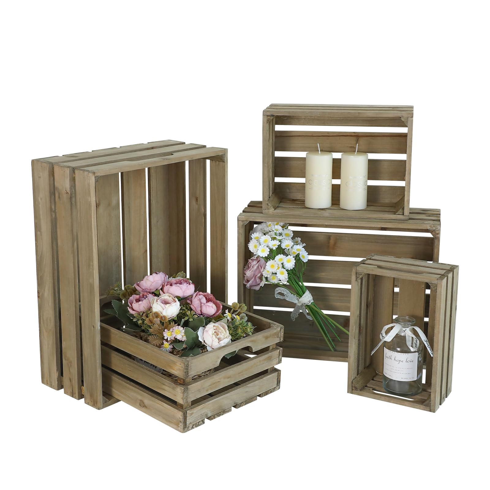JUMBO HUMBLE Large Wood Crates, Set of 5 Decorative Storage Box with Handles, Vintage Gray Farmhouse Wooden Crates for Decor, Wedding Birthday Home