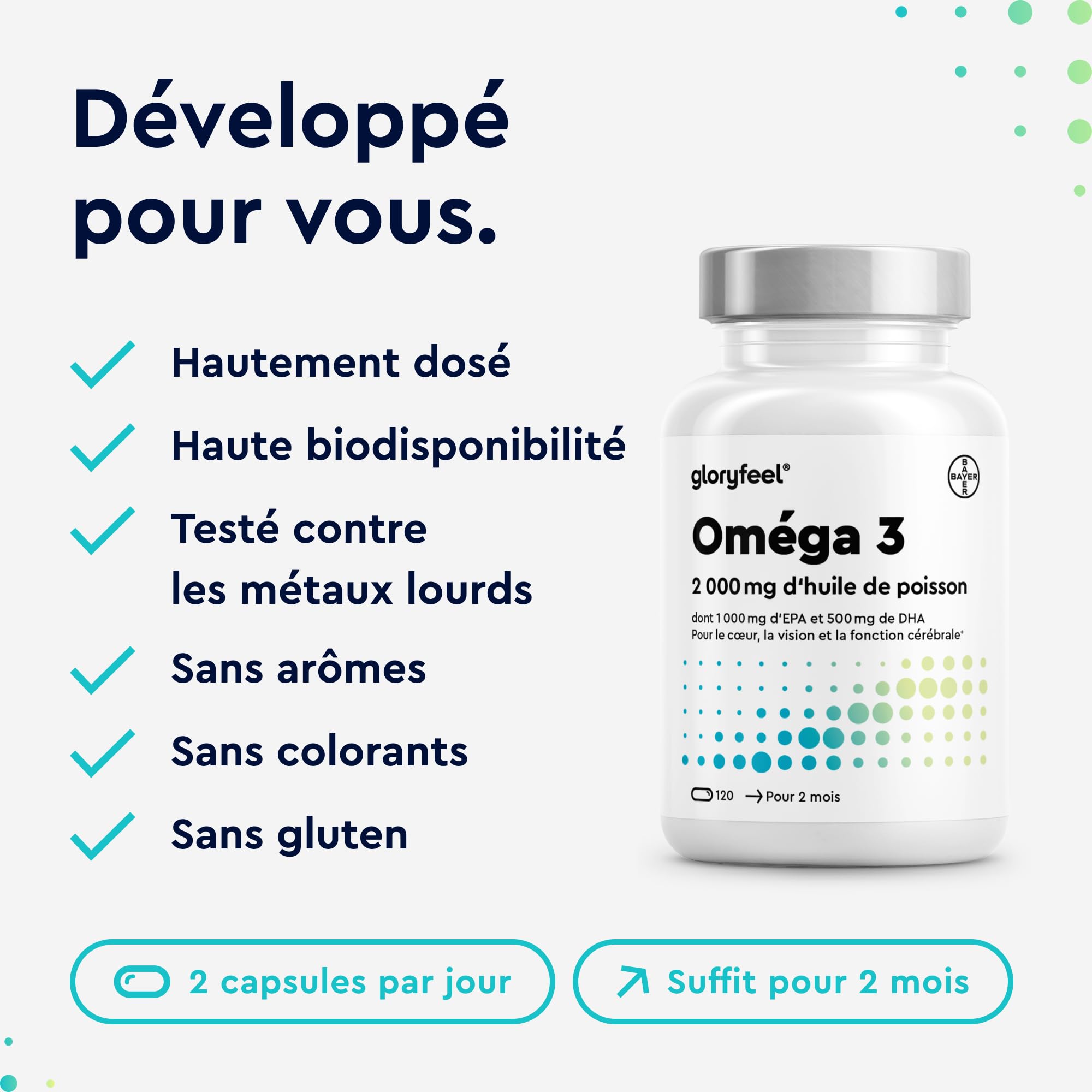 Omega 3 2000 mg Huile de Poissons Sauvages, Oméga 3 sous Forme Triglycérides Réestérifiées rTG, 1000mg EPA + 500mg DHA, Gélules Fortement Dosées, Source d'Acides Gras Essentiels, Sans Odeur