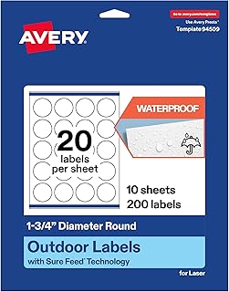Avery Outdoor Waterproof Round Labels with Sure Feed Technology, 1.75" Diameter, White Film, Print-to-the-Edge, Compatible with Laser Printers, 200 Labels Total