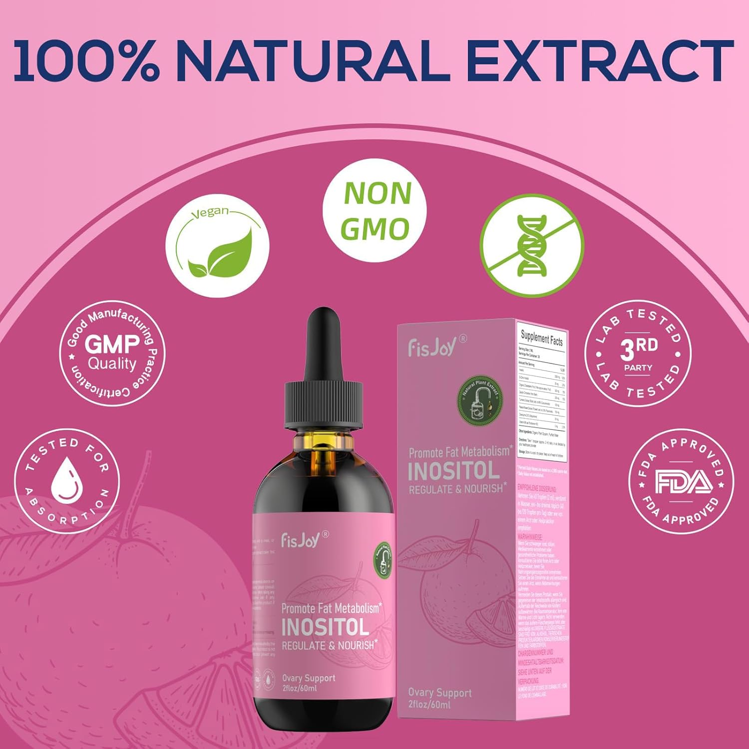 Inositol Liquid Drops for Women – 2000mg Inositol & 50mg D-Chiro – Supports Daily Wellness & Balanced Nutrition at Home, Work, or On-the-Go – Non-GMO, Vegan, 2 fl oz (60 mL)