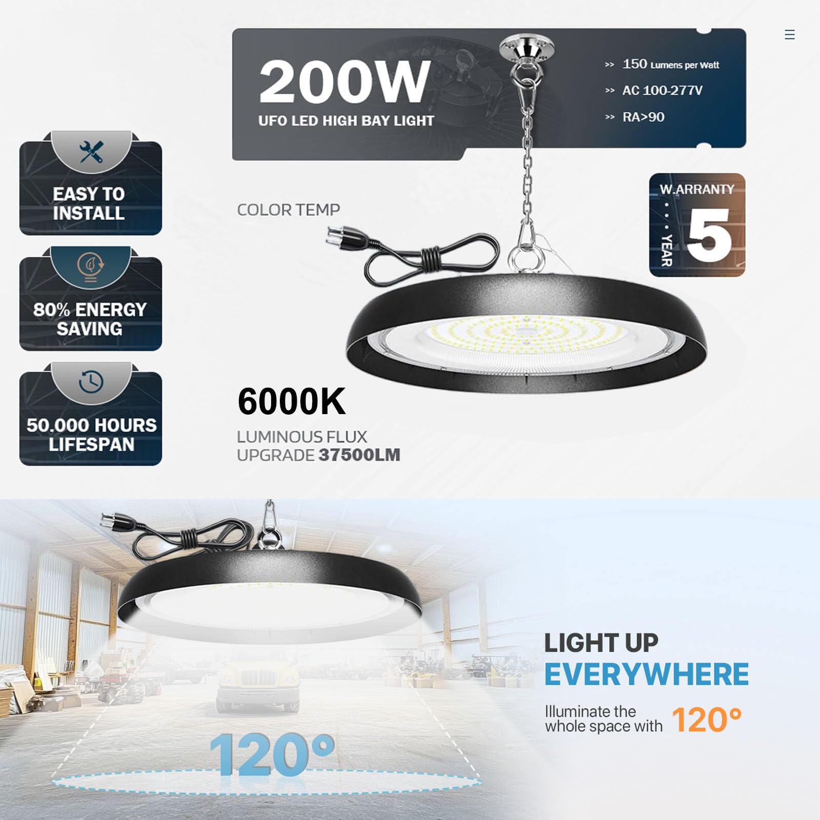 8Pack 200W UFO LED High Bay Light 30000lm 6000K Daylight 2000W Equivalent with 59inch US Plug Cable Garage — view 2