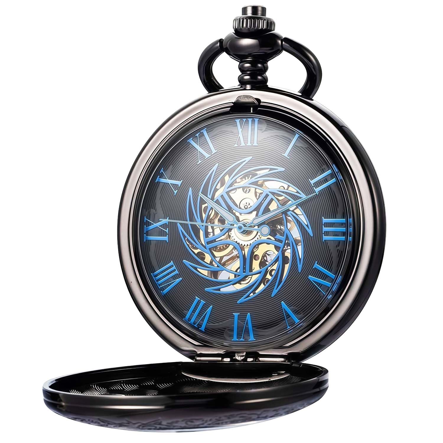 Orologio da tasca meccanico serie Sun-God-Bird, nero, per uomo e donna, lente d'ingrandimento speciale, mezza cassa incisa, numeri romani con catena