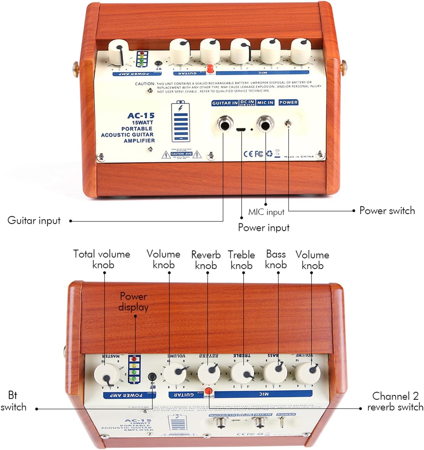 Guitar Amplifier Acoustic AC-15 15W Portable Acoustic Guitar Amplifier Amp Speaker with Microphone Input Supports Bass Treble Control Reverb Effect Built-in Rechargeable Battery