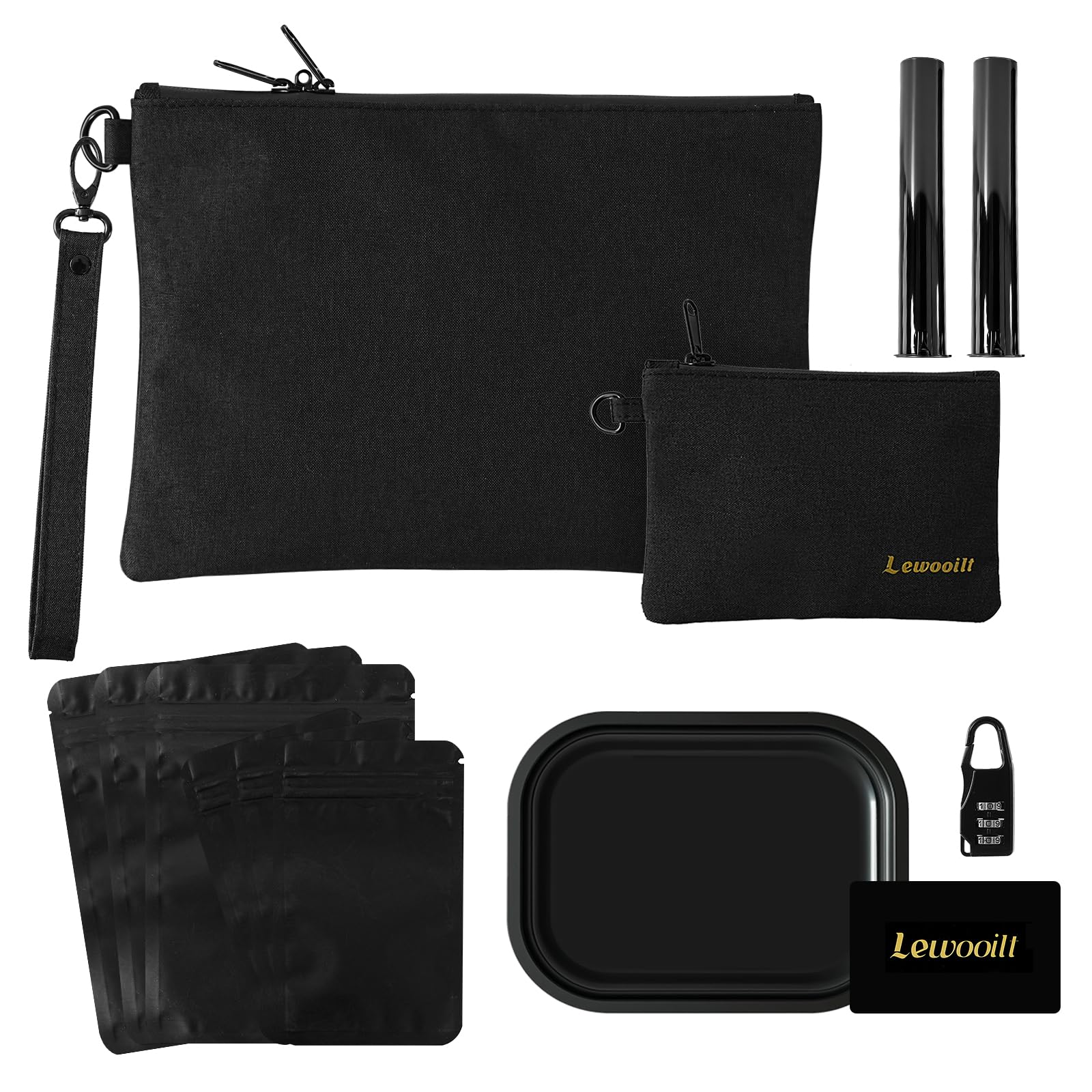 2 Pack Smell Proof Bag, Lewooilt Mini & Large Smell Proof Container Pouch Stash Bag with Detachable Handle, 6 Resealable Baggies, 2 Doob Tube, Storage Tray, Scoop Card, Combination Lock, Black