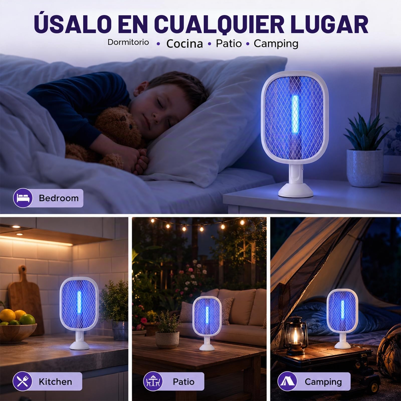 Raqueta Mosquitos Eléctrica Recargable USB-C (Pack de 2), 5000V Matamoscas Eléctrico 2 en 1 con Luz Nocturna, Cabezal Plegable 180° y Mango Telescópico 61-72 cm, 2000mAh, Mata Mosquitos para Interior