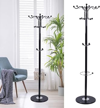 67" Metal Coat Tree, Coat Racks with 16 Hooks, Hat Stand Tree Holder Hanger Rack with Marble Base for Hanging Scarf, Bag, Jacket Black