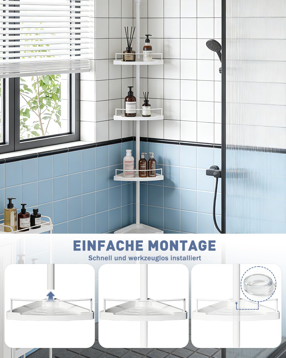 Sekey Duschregal Ohne Bohren Weiß - Duschablage Teleskop mit 4 Körben, Höhenverstellbar 79-315 cm, Stabiler Stand & Eck-Design für Badezimmer