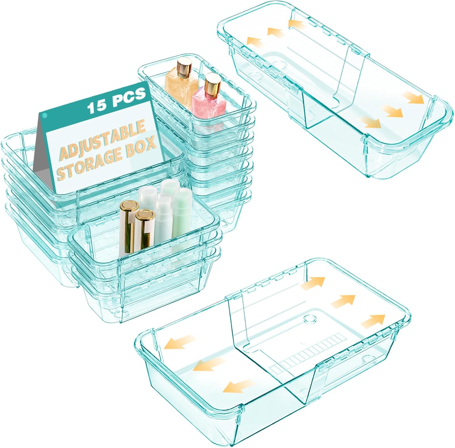 15 Pcs Extendable Clear Drawer Organizer, All Adjustable Vanity Storage Box, 2-Size Desk Drawer Organizer, Acrylic Storage Bins for Makeup, Bedroom Dressers Tool Organizer for Gadgets, Blue