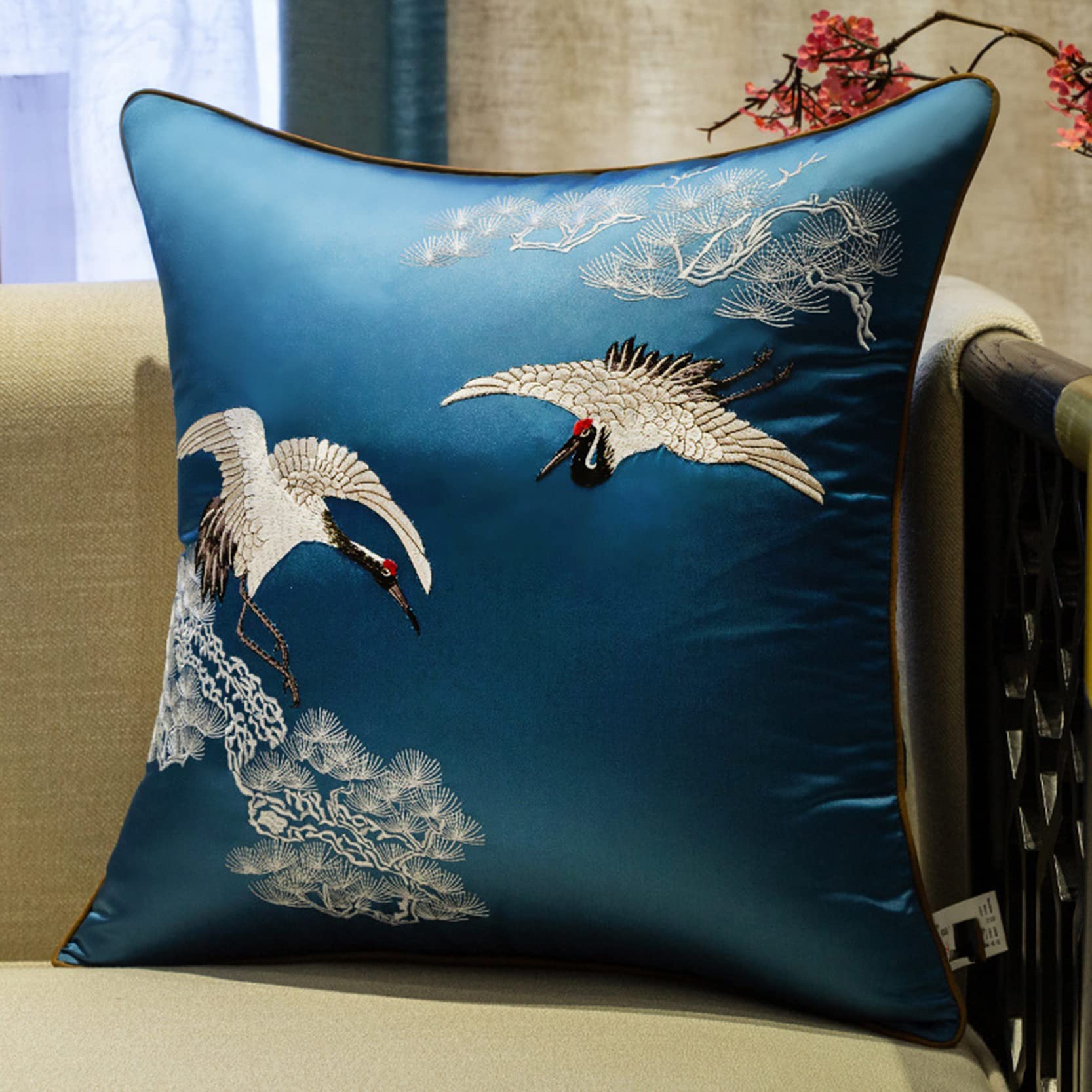 Juego de 2 fundas de cojín de satén decorativas, bordadas, fundas de almohada cuadradas, suaves y transpirables con cierre de cremallera, para sofá, sala de estar, azul lago, 40 x 60 cm
