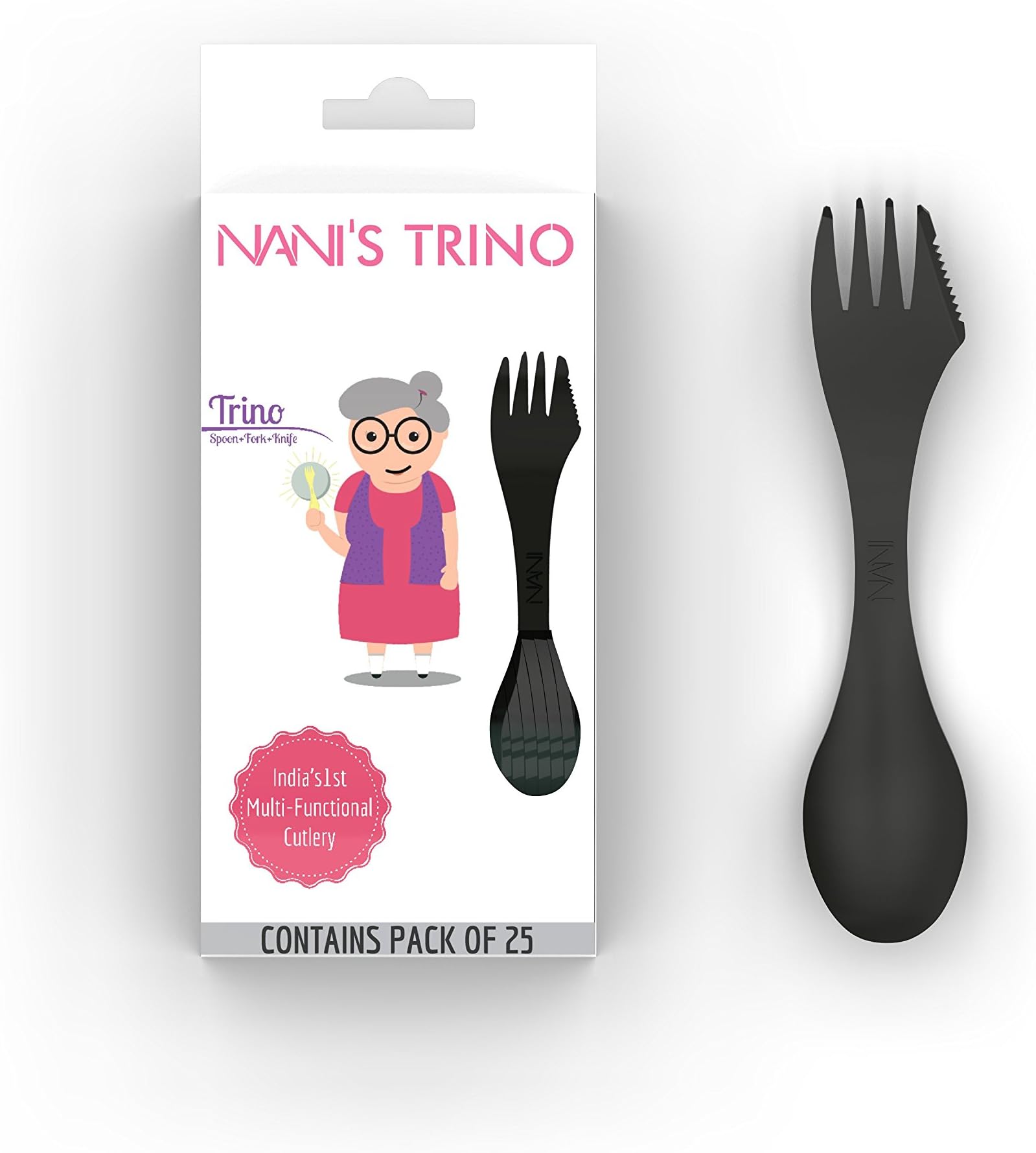 Nani's Trino (Spoon, Fork and Knife Set), India's 1 st Multifunctional Cutlery, Spork, Tableware, Dinnerware & Kitchenware Accessories (Pack of 25) (Black) (Big Size)