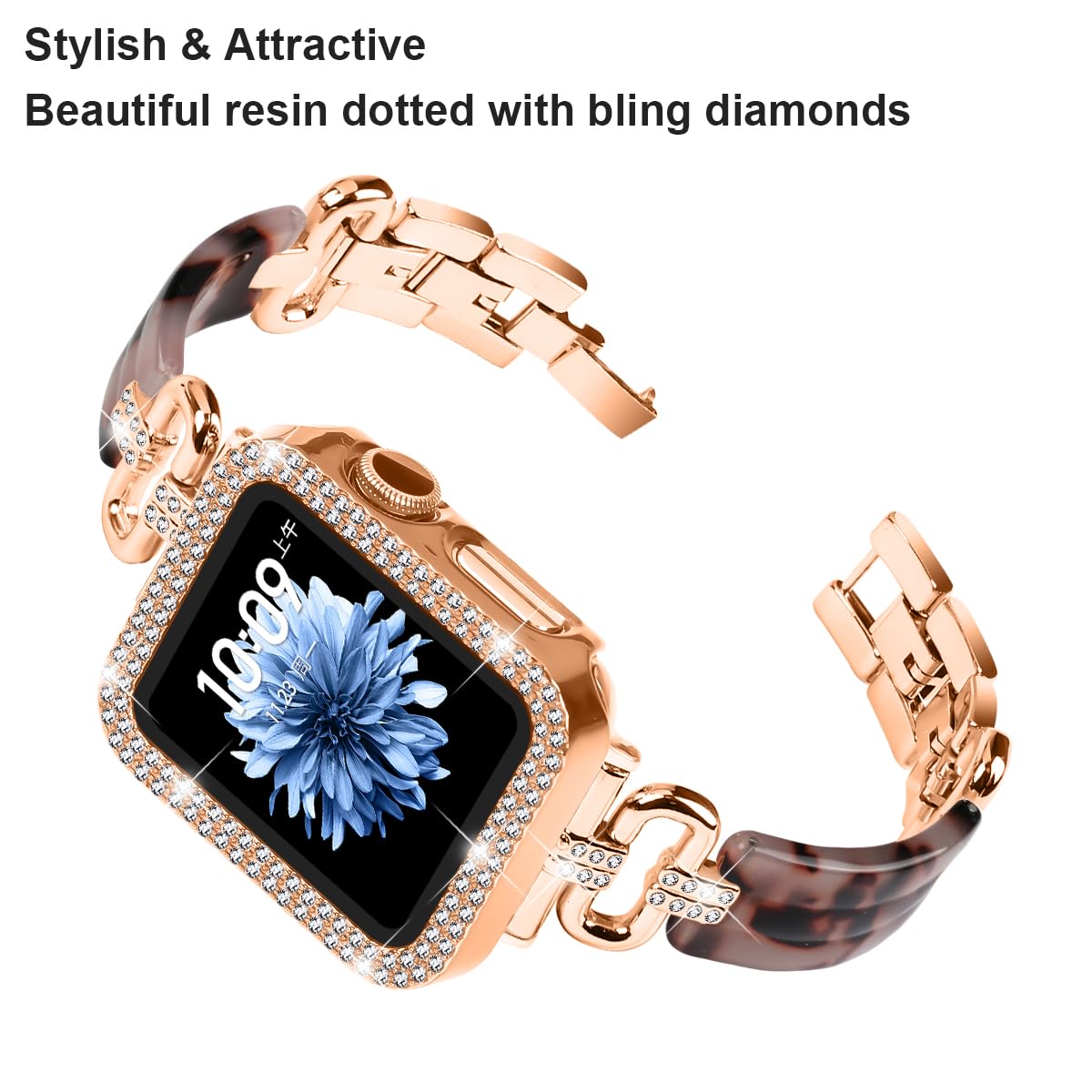 OCEBEEC Compatible with Apple Watch Band 40mm 41mm 44mm 45mm 38mm 42mm with Case, Luxury Bling Cover and Diamonds Resin Bands for iWatch SE Series 9 8 7 6 5 4 3 2 1 Women (45mm, Tortoise Flower)