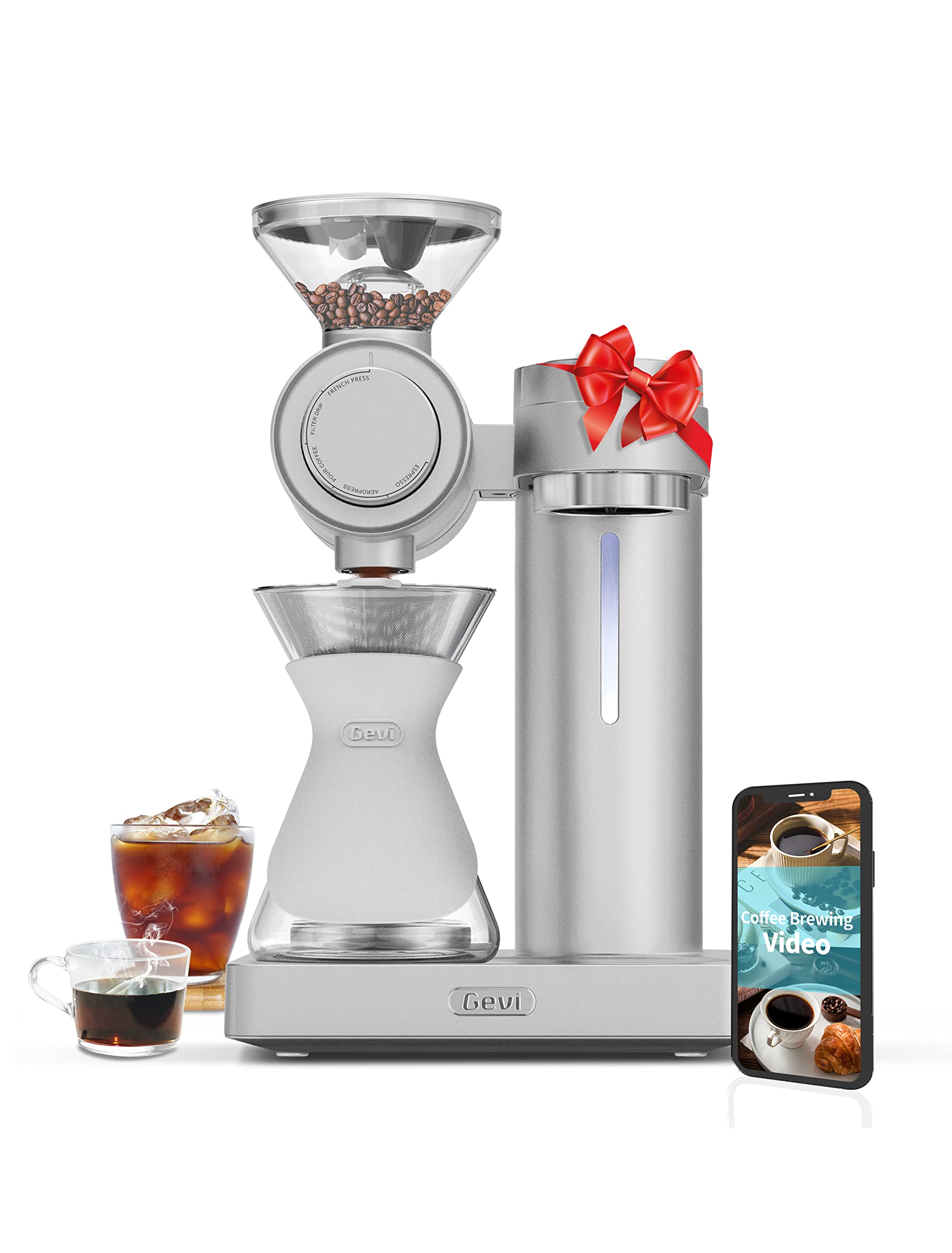 Gevi 4-in-1 Smart Pour-over Coffee Machine Fast Heating Brewer With Built-In Grinder, 51 Step Grind Setting, Automatic Barista Mode, Custom Recipes, Descaling Function,Aluminum, 1000W