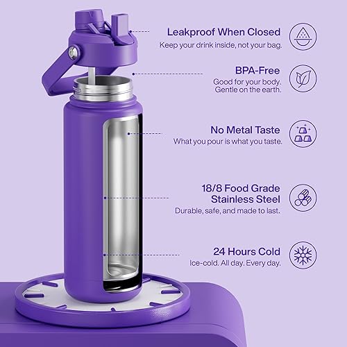 Miniatura 222 de ENCOOL Botella de agua aislada con popote, de acero inoxidable, a prueba de fugas, sin BPA, al vacío de doble pared que se mantiene fría durante 24