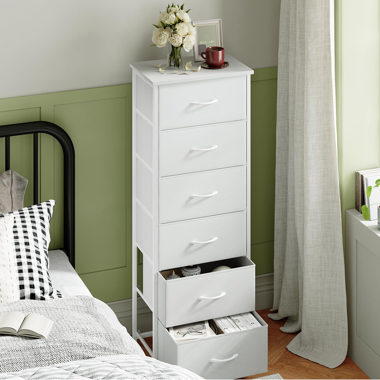 Somdot Cassettiera Camera da Letto in Tessuto, Mobiletto Salvaspazio, Settimino per Soggiorno, Studio, Cameretta, Ingresso, 30P x 42l x 115H (6 Cassetti), Bianco
