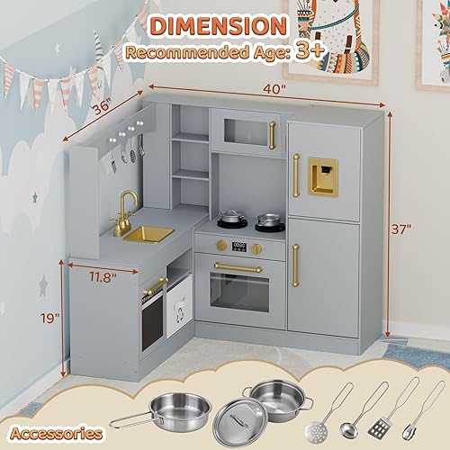 Miniatura 2 de MAMIZO Cocina de juego de esquina para niños, cocina de juguete de simulación de madera, juego de cocina grande con refrigerador, estufa con luz y
