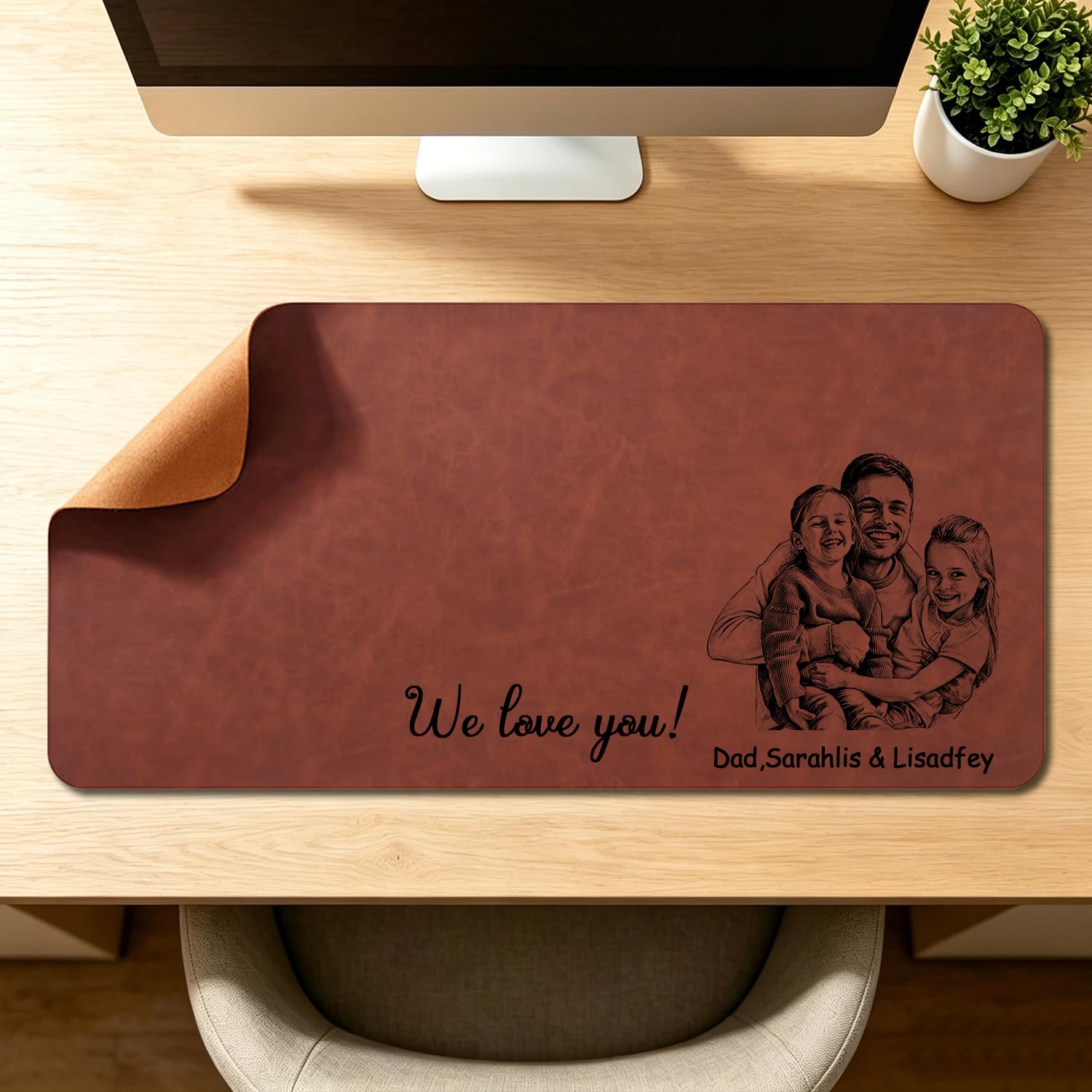 We Love You Dad Personalize Sketch Photo Portrait Line Art Leather Desk Mat for Dad, Custom Sketch Portrait from Photo Picture Fathers Day Leather Mouse Pad Desk Mat for Daddy, Papa