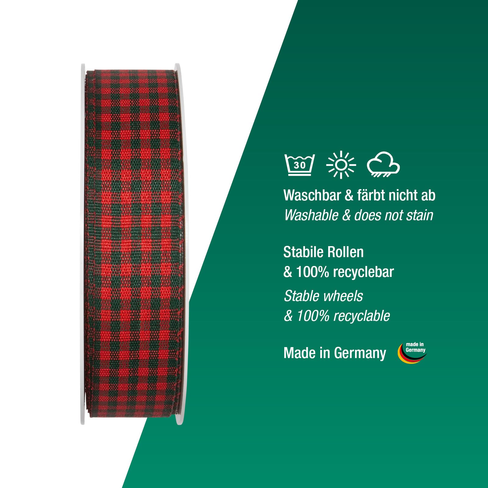 Halbach Seidenbänder Vicky Chequered Ribbon 25 mm x 25 m, Colour: Wine Red, Red/Dark Green - Image 3