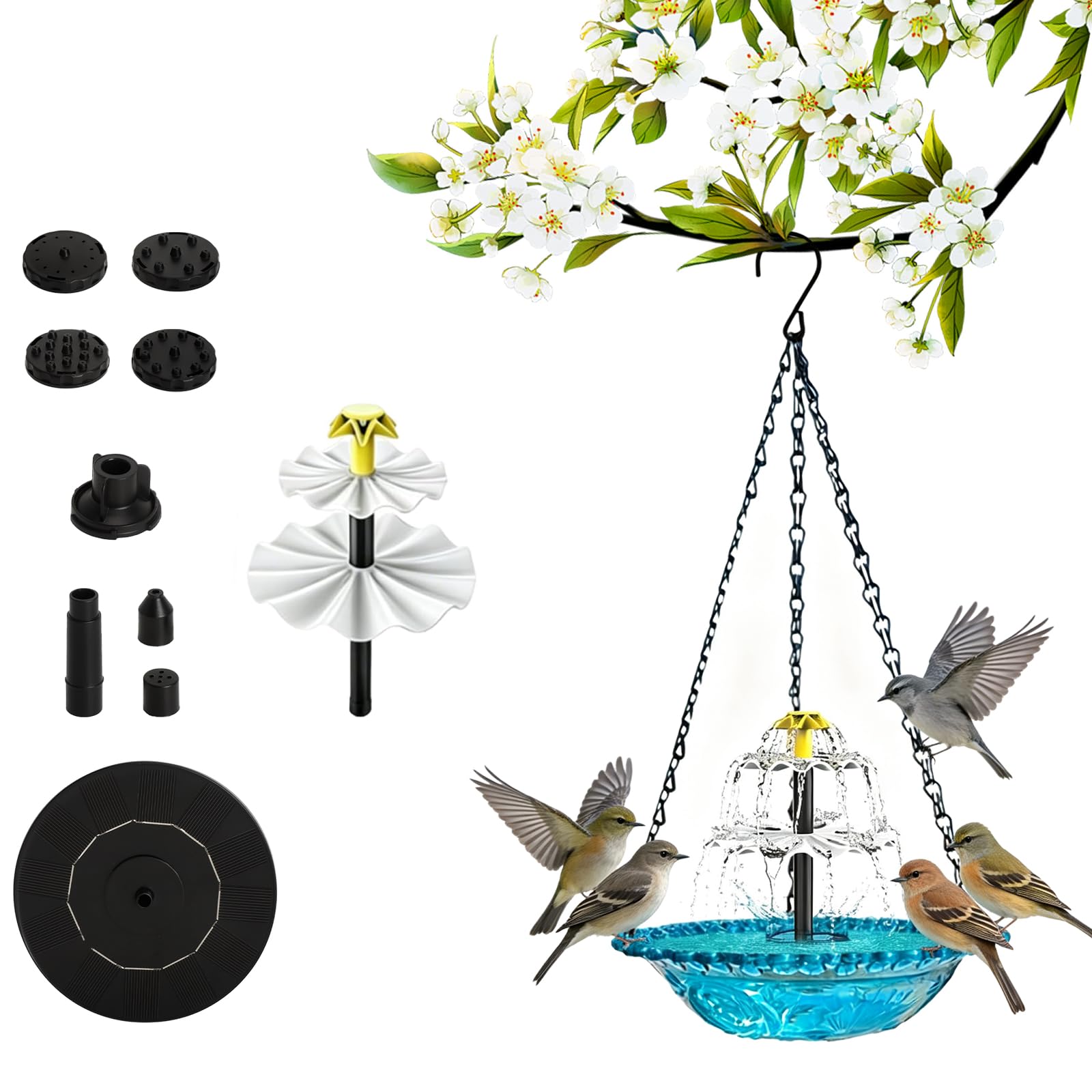 HENGBIRD Bagno per Uccelli da Appendere, Fontana Solare da Giardino - Vaschetta Blu Leggera con Cascata, Abbeveratoio per Uccelli per Balcone, Terrazzo ed Esterno